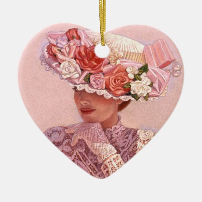 Rosen-Hut-viktorianische Dame Heart Christmas Keramikornament (Vorne)