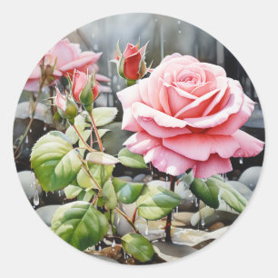 Rosen im Regenwasser in Rosa Runder Aufkleber