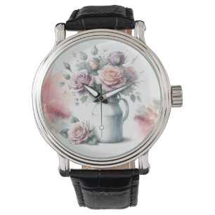 Rosen in Milchkanne im Vintage-Stil Armbanduhr