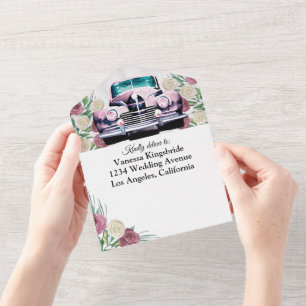 Rosen klassische Auto Alles-in-einem-Hochzeitseinl All In One Einladung