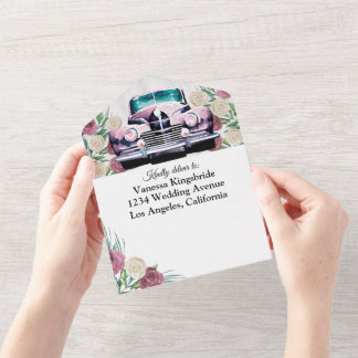 Rosen klassische Auto Alles-in-einem-Hochzeitseinl All In One Einladung