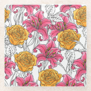 Rosen Lilien Handgezeichnetes Muster Glasuntersetzer