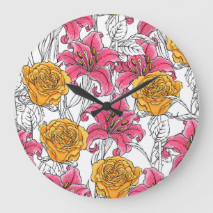 Rosen-Lilien-Handzeichnung Muster Große Wanduhr