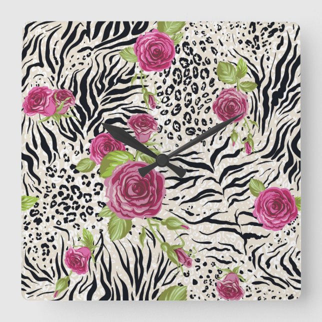 Rosen On Animal Pattern Quadratische Wanduhr (Vorderseite)