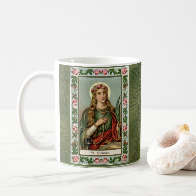 Rosen-Palmen-Schnur St. Philomena rosa Kaffeetasse (Mit Donut)