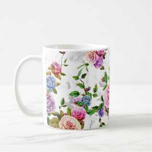 Rosen, Pfingstrose mit Blättern und Kamille mit Ko Kaffeetasse