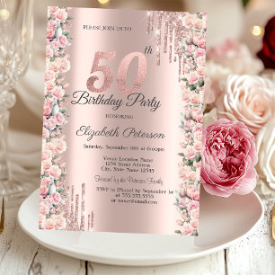 Rosen Rahmen Tropfen Rosen Gold 50. Geburtstag Einladung