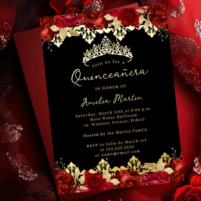 Rosen Red Gold Damask Floral Quinceanera Folieneinladung (Von Creator hochgeladen)