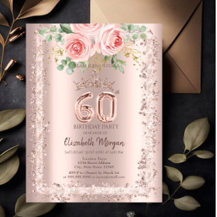 Rosen, Roségold Glitterrahmen Krone 60. Geburtstag Einladung