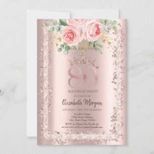 Rosen, Roségold Glitterrahmen Krone 80. Geburtstag Einladung