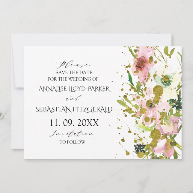 Rosen, rot und weiß, mit Goldspritzen Hochzeit Save The Date (Rückseite)