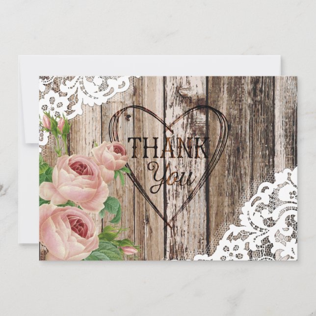Rosen-rustikale hölzerne Spitze und Herz danken Dankeskarte (Vorderseite)