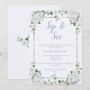 Rosen & Silber Glitter-Rand Blumen Sip & See Einladung