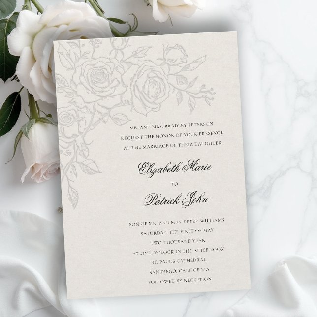 Rosen-Thema Geliebtes Ecru Formelles Klassisches H Einladung (formal traditional wedding invitation roses theme floral modern classic luxury pure ecru)