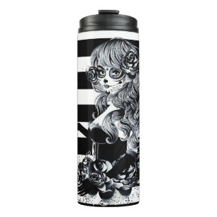 Rosen-u. Schädel-graues schwarzes mit Thermosbecher