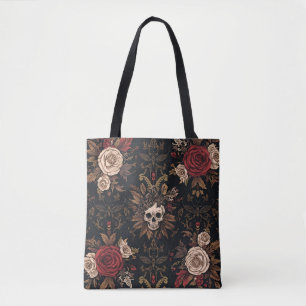 Rosen & Überreste-Tasche – Gothic-Blumen-Schädel-T