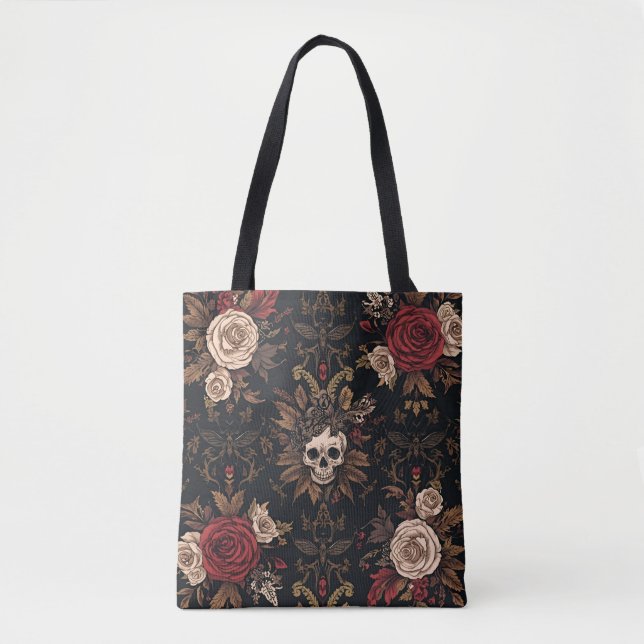 Rosen & Überreste-Tasche – Gothic-Blumen-Schädel-T (Vorderseite)