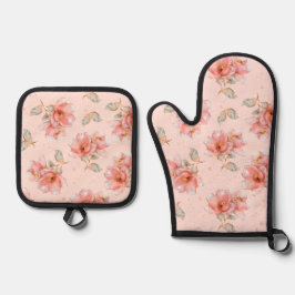 Rosen und Blätter, rosa Ofenhandschuh & Topflappen-Set