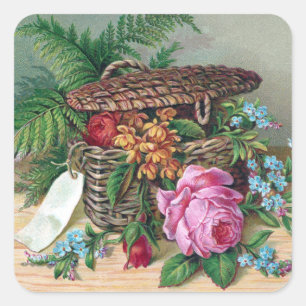 Rosen und Farne im Korb Vintage viktorianisch Quadratischer Aufkleber