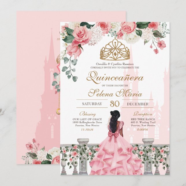 Rosen und Gold Princess Mairytale Quinceanera Einladung (Vorne/Hinten)