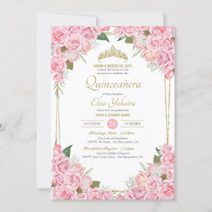 Rosen und Golden Tiara Floral Quinceanera Einladung
