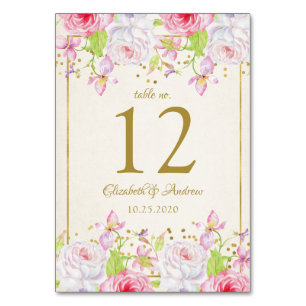 Rosen- und Goldkonfetti-Hochzeitstischnummer Tischnummer