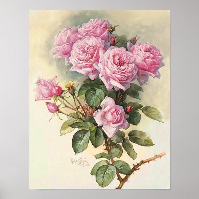 Rosen und Hummeln Paul de Longpre Fine Art Poster (Vorne)