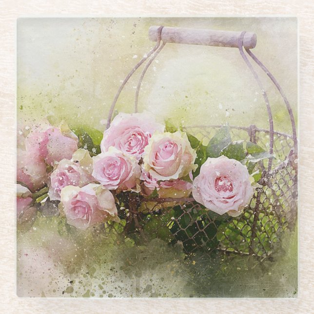 Rosen und Korb, rosa Glasuntersetzer (Vorderseite)