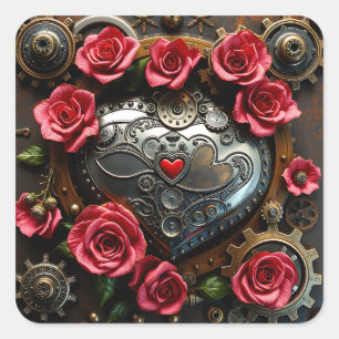 Rosen und Metallherz und -geere Steampunk Quadratischer Aufkleber
