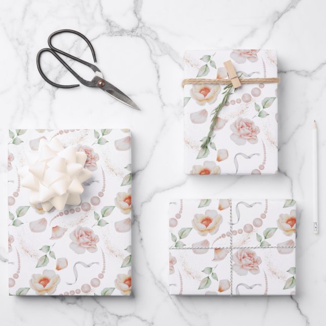 Rosen und Perlen Hochzeitsfarben Geschenkpapier Set (Vorderseite)
