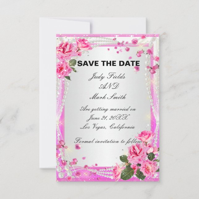 Rosen und Perlen Save the Date, rosa Einladung (Vorderseite)
