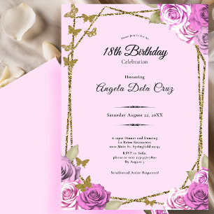 Rosen und Schmetterlinge Pink 18. Debüt-Geburtstag Einladung
