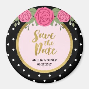 Rosen und Schwarz-weiße Polka Dot Save the Date Magnet