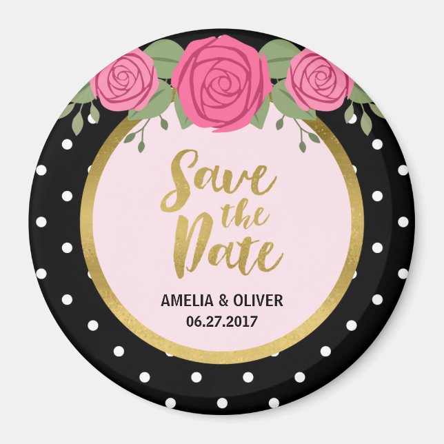Rosen und Schwarz-weiße Polka Dot Save the Date Magnet (Vorne)