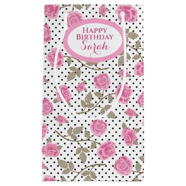 Rosen und schwarze Polka Punkte Mit Monogramm Kleine Geschenktüte (Vorderseite)