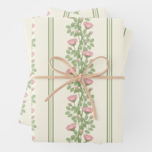Rosen und Streifen auf Creme Geschenkpapier Set