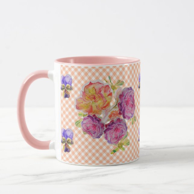Rosen und Violetten Karo Shabby Wasserfarbe Tasse (Links)