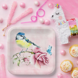 Rosen und Vogelpapierplatte Pappteller