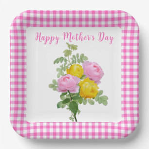 Rosen zum Muttertag mit rosa Gingham Pappteller