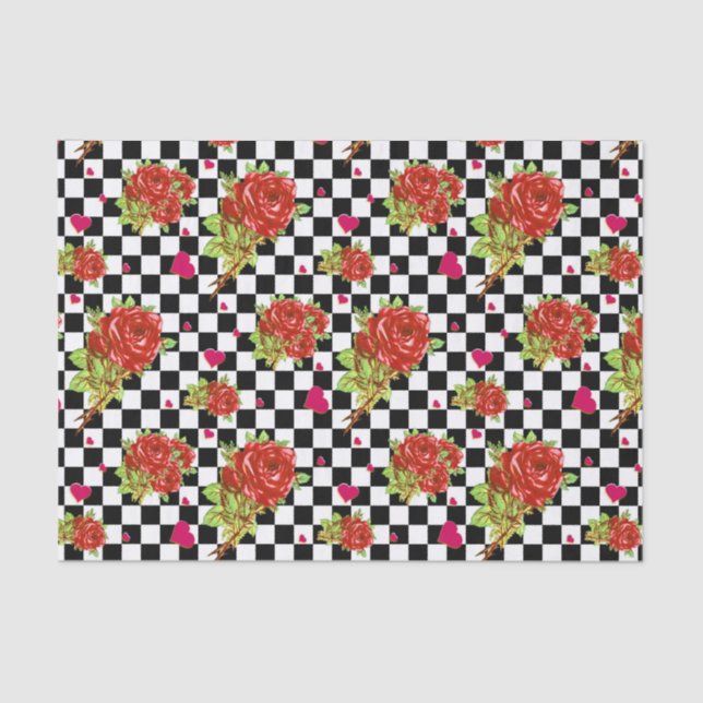 Rosenblumenmuster auf Schwarzweiss-Karos Seidenpapier (Vorderseite)