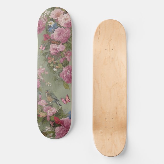Rosenblüte mit Vogel und Schmetterlingen Grün Skateboard (Vorderseite)