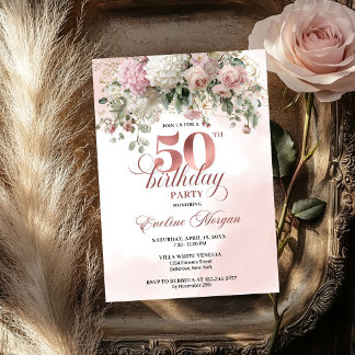 Rosenblüten Rose Gold Grün 50. Geburtstag Einladung