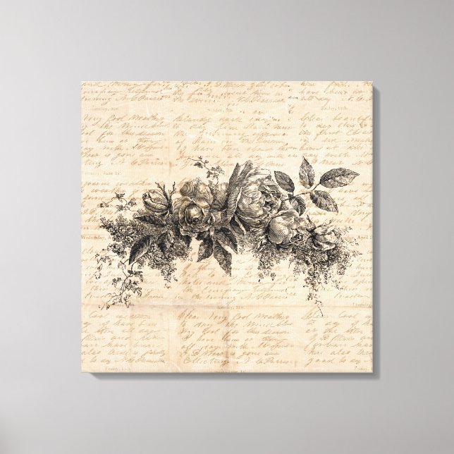 Rosenblüten Vintage-Kunst Schrift Hintergrund Leinwanddruck (Vorderseite)