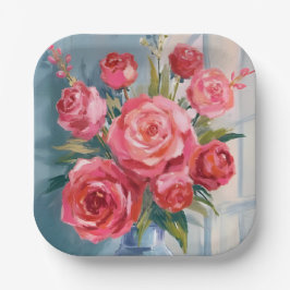 Rosenbouquet | Rote Blumenvase Aquarell Blumen Pappteller