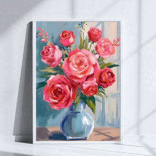 Rosenbouquet   Rote Blumenvase Aquarell Floral Poster