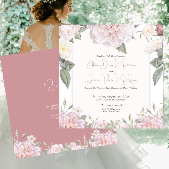 Rosengarten Hochzeit Einladung (Elegant Pink Roses Garden Wedding Invitation with Pink Reverse)