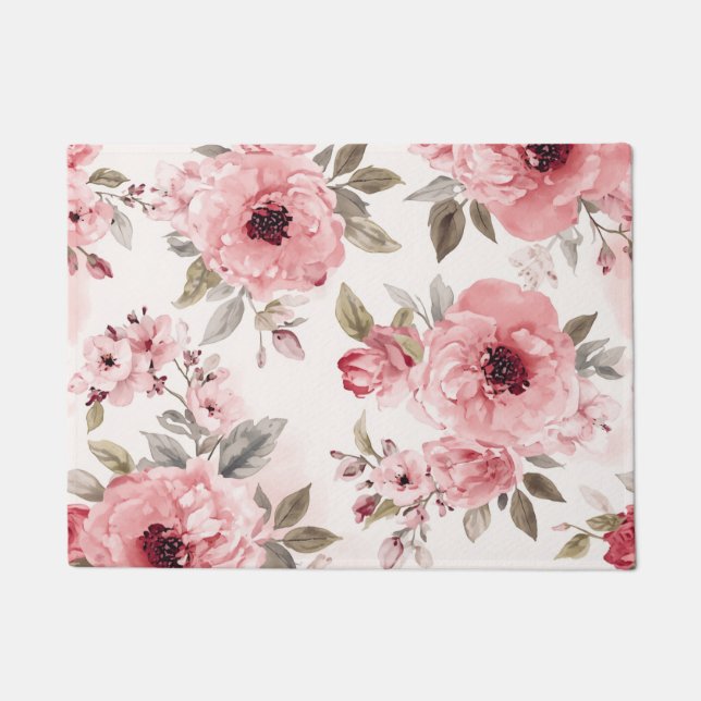 Rosengarten Rosa Wasserfarbe Floral Blush Botanisc Fußmatte (Vorderseite)