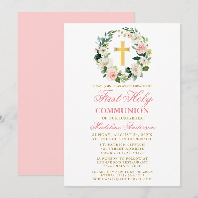 Rosengarten Wasserfarben Kranz Erste Kommune Gold Einladung (Vorne/Hinten)