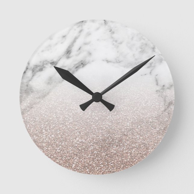 RosengoldGlitter auf Marmor Runde Wanduhr (Vorderseite)