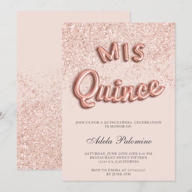 RosengoldGlitter-Ballone Chic erröten Quinceañera Einladung (Vorne/Hinten)